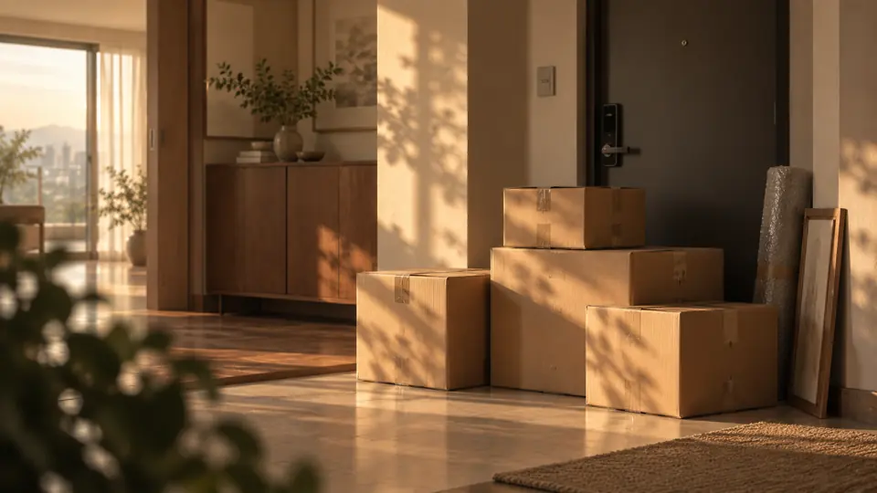 현관 앞에 포장해 둔 상자 (그림) · 토정동 유품정리